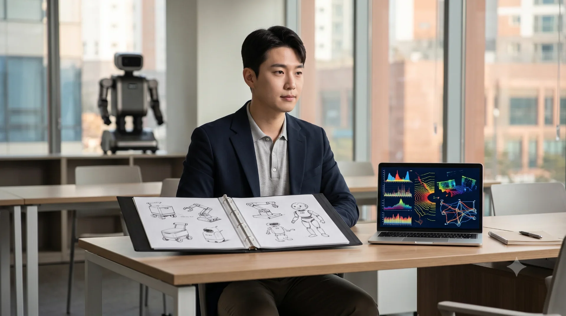 로봇 기업 면접을 준비하며 포트폴리오를 검토하는 지원자
