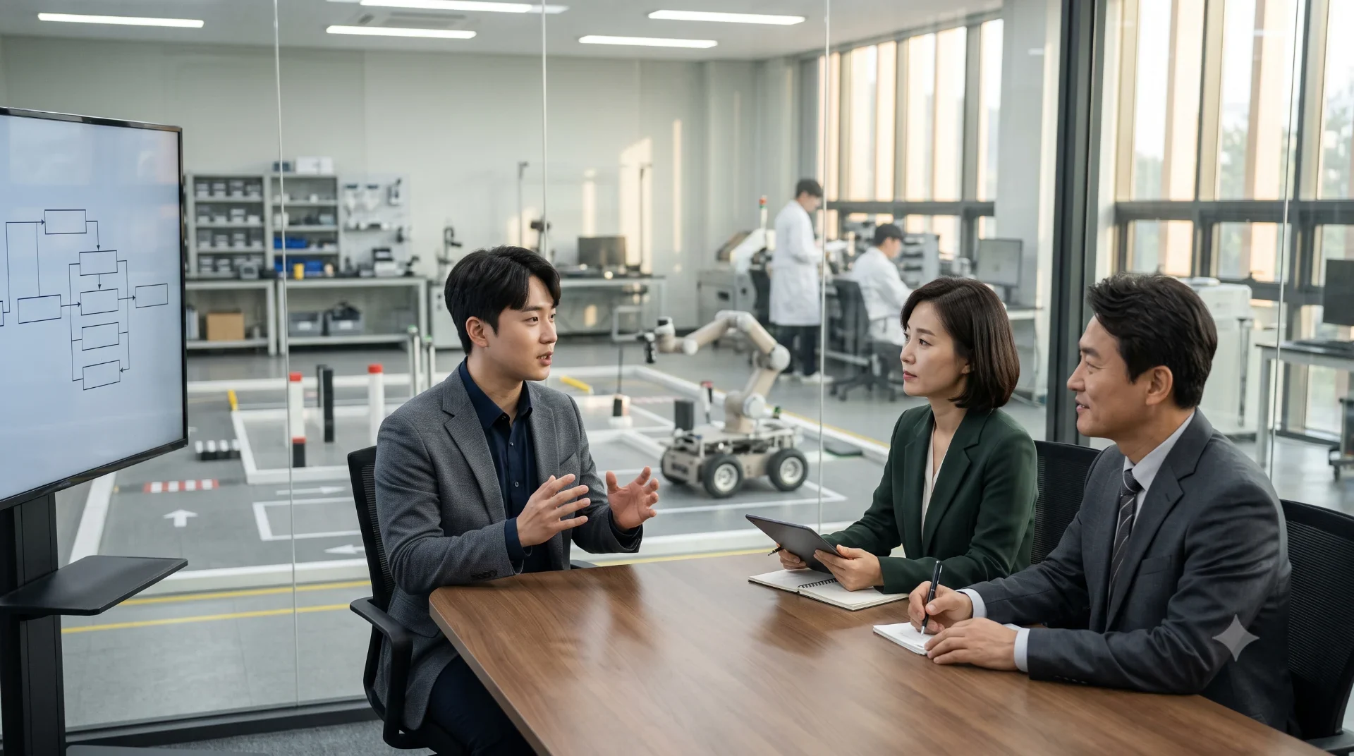 로봇 프로젝트 경험을 바탕으로 면접 답변을 연습하는 장면