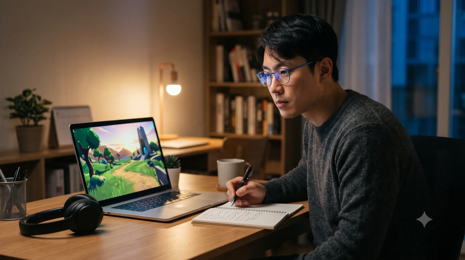 게임 예고편을 보며 영어 듣기 표현을 메모하는 학습자